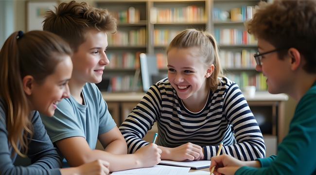Four teenagers, sitting at a table in a library smiling and talking during a study session.